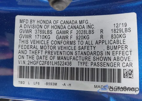 2020 Honda Civic Lx z USA, uszkodzony, nr VIN 2HGFC2F61LH522436